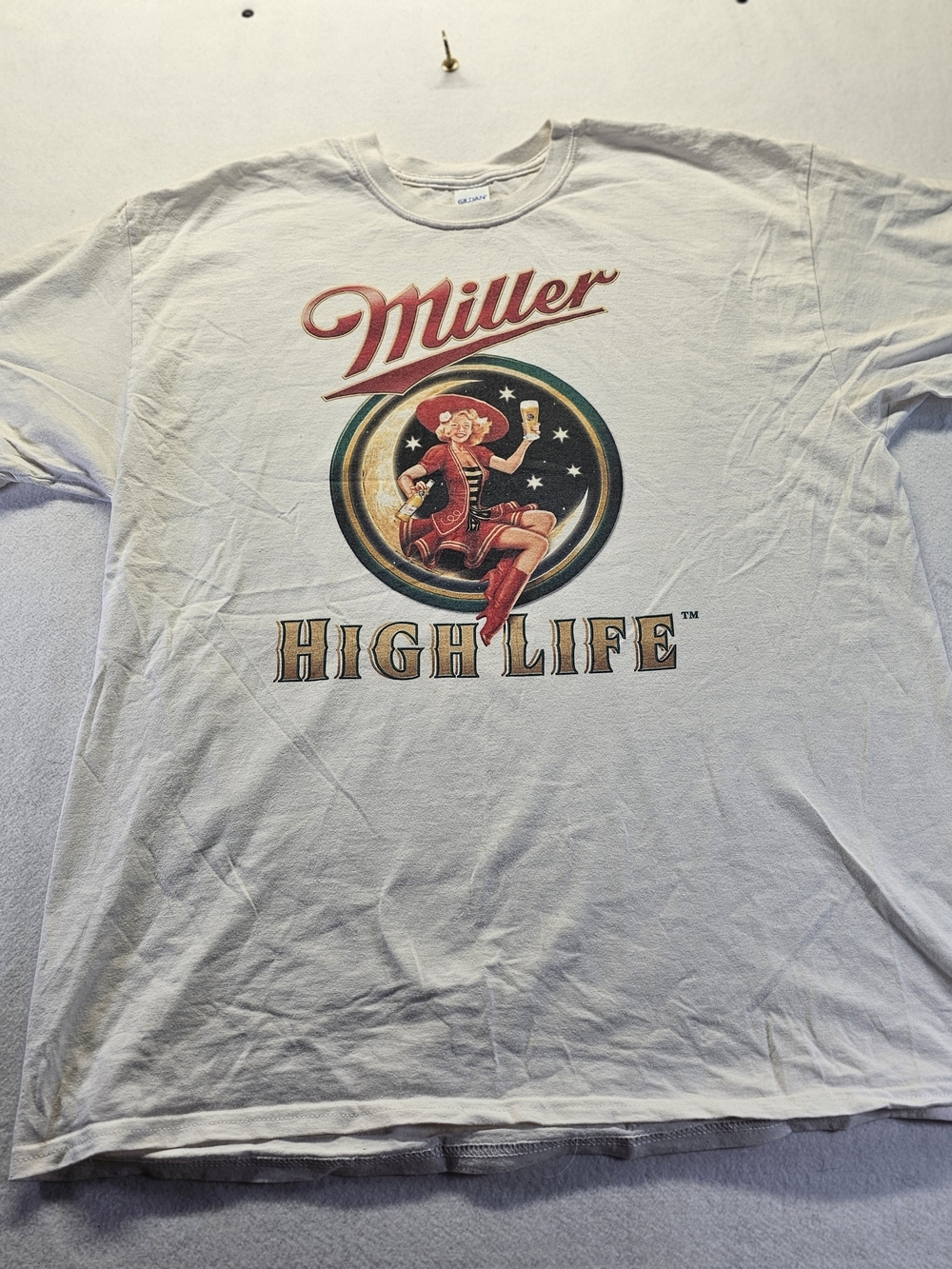 Gildan White Graphic Tee with Red and Gold Print